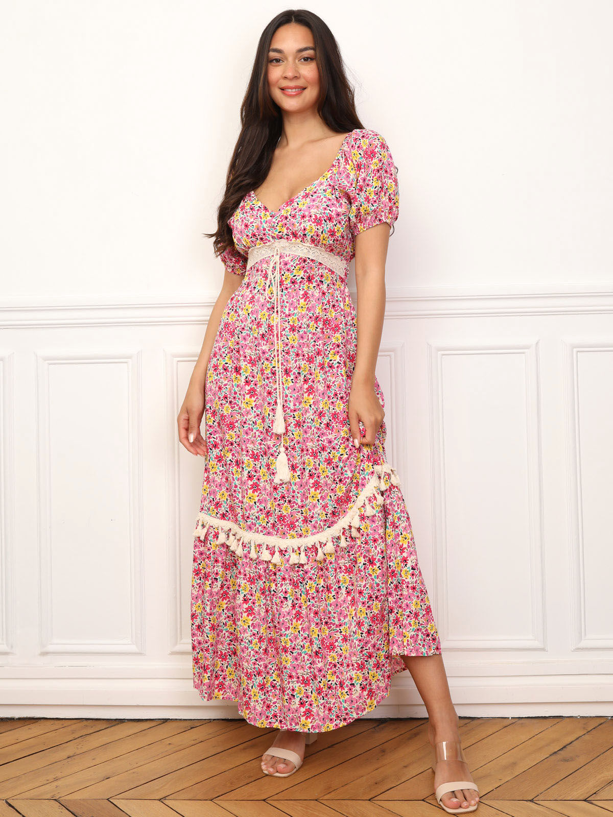 Floral long dress with crochet detail La Modeuse La Modeuse