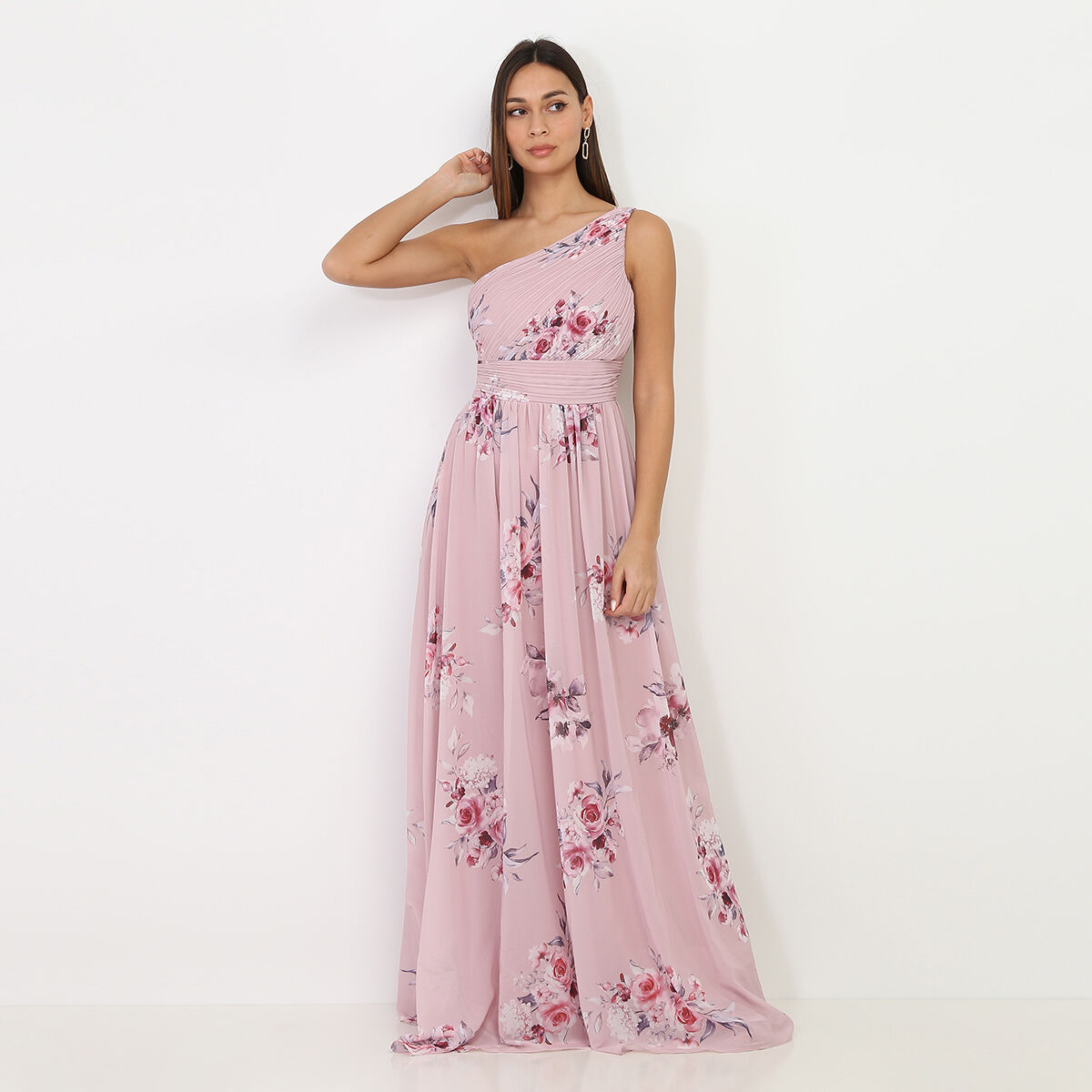 Robe longue vieux rose asym trique fleurs Vieux Rose La Modeuse