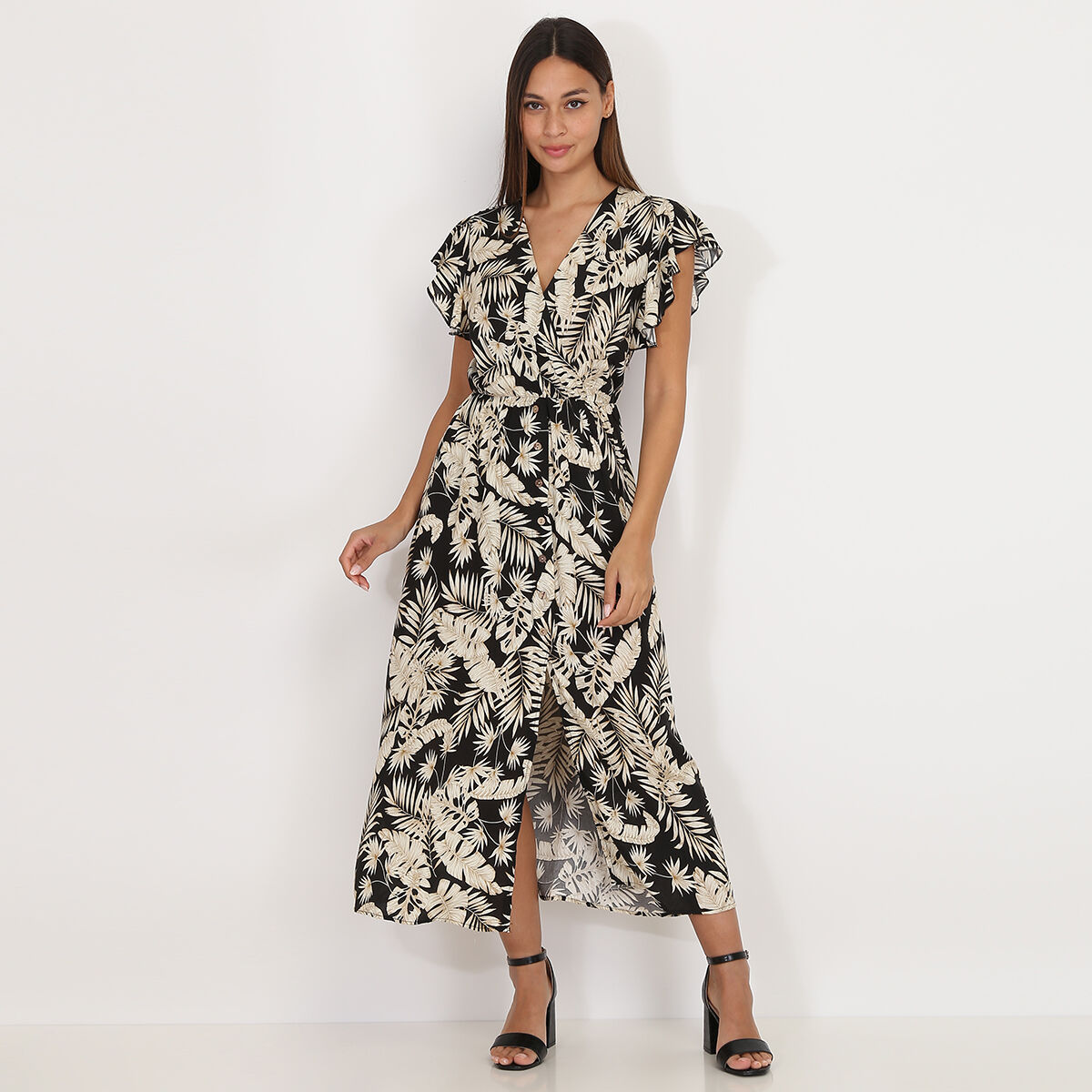 Robe longue imprim feuilles dor es