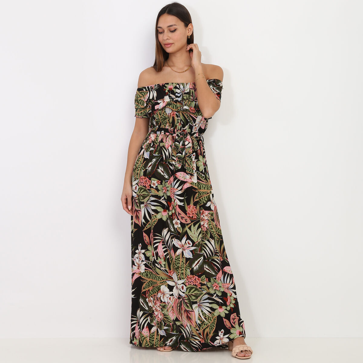 Robe col bardot a motif fleurs tropicales La Modeuse La Modeuse