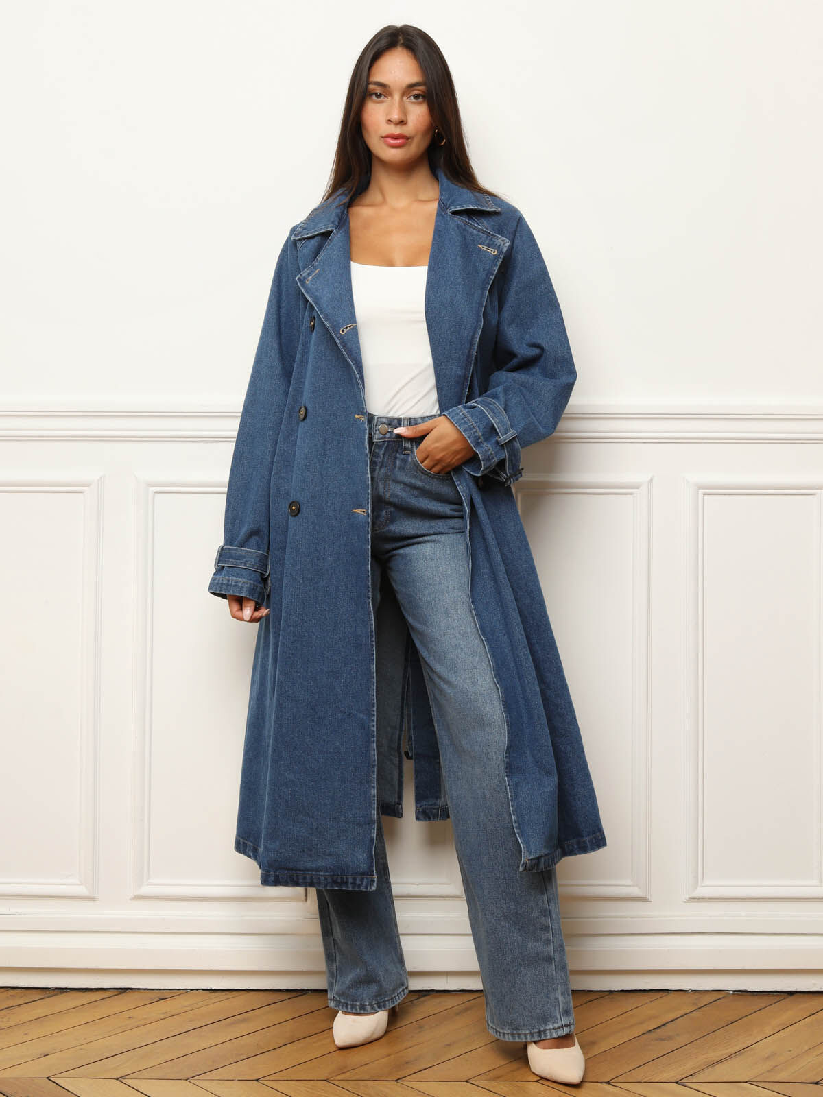 Long denim trench coat hotsell