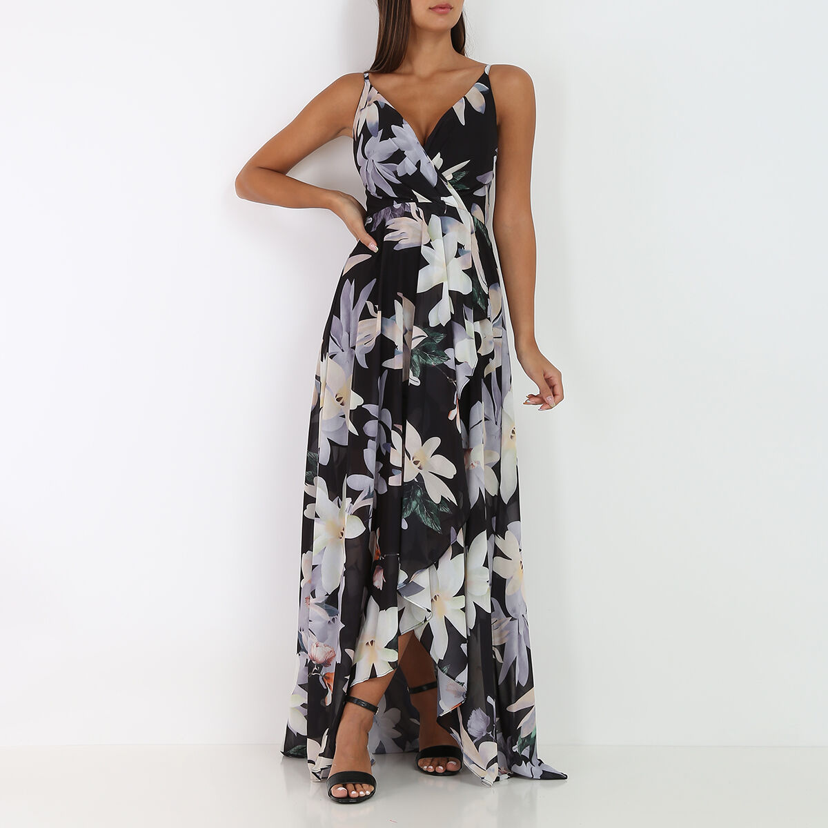 Robe longue fendue asym trique fleurs La Modeuse