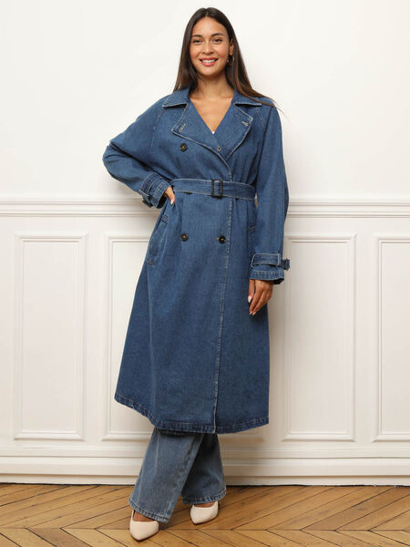 Trench long en denim avec ceinture