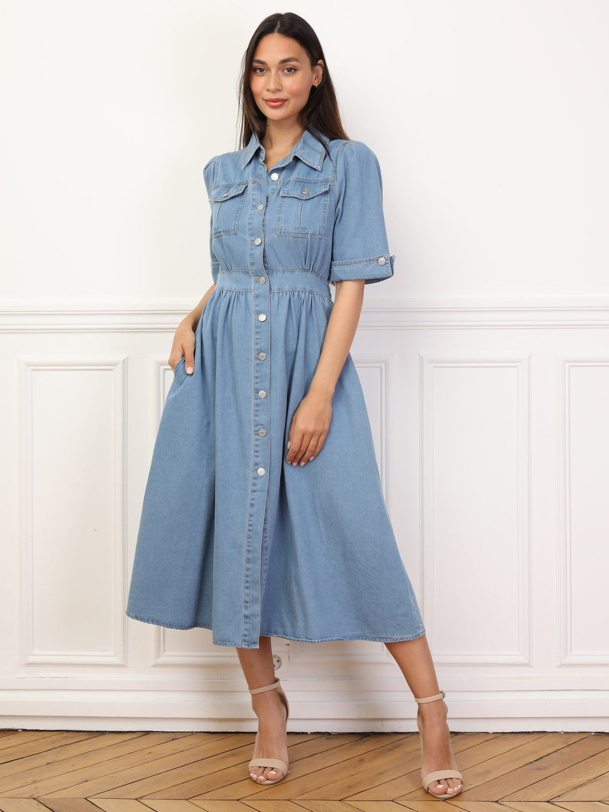 Robe chemise en jean mi longue sale