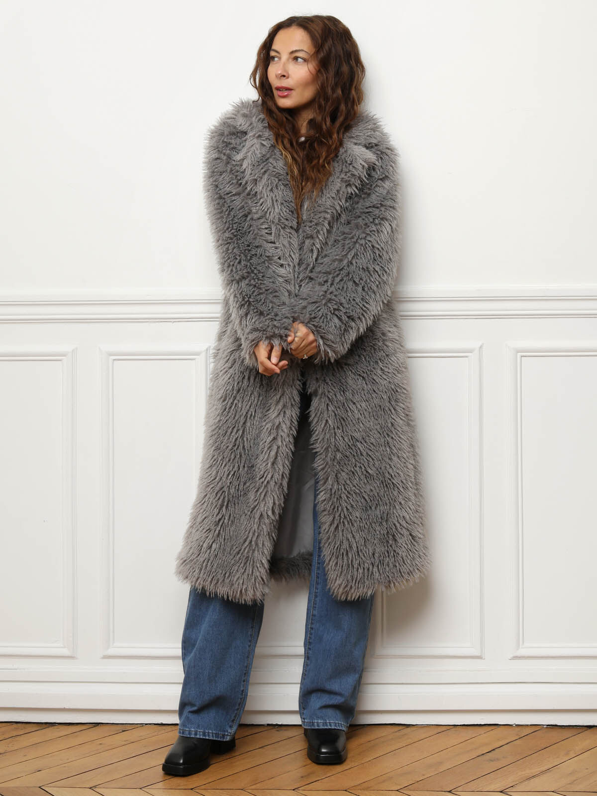 Dark grey faux fur coat online