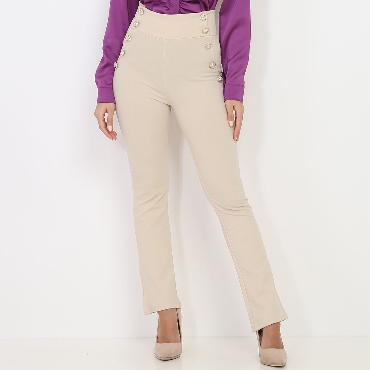 Pantalon taille haute discount femme pas cher