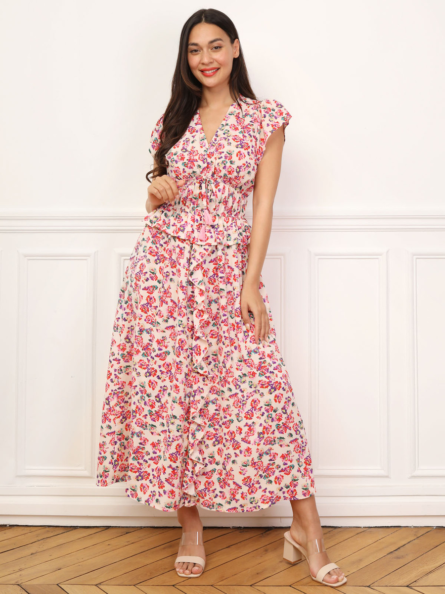Corset-effect floral dress with ruffles image number 0