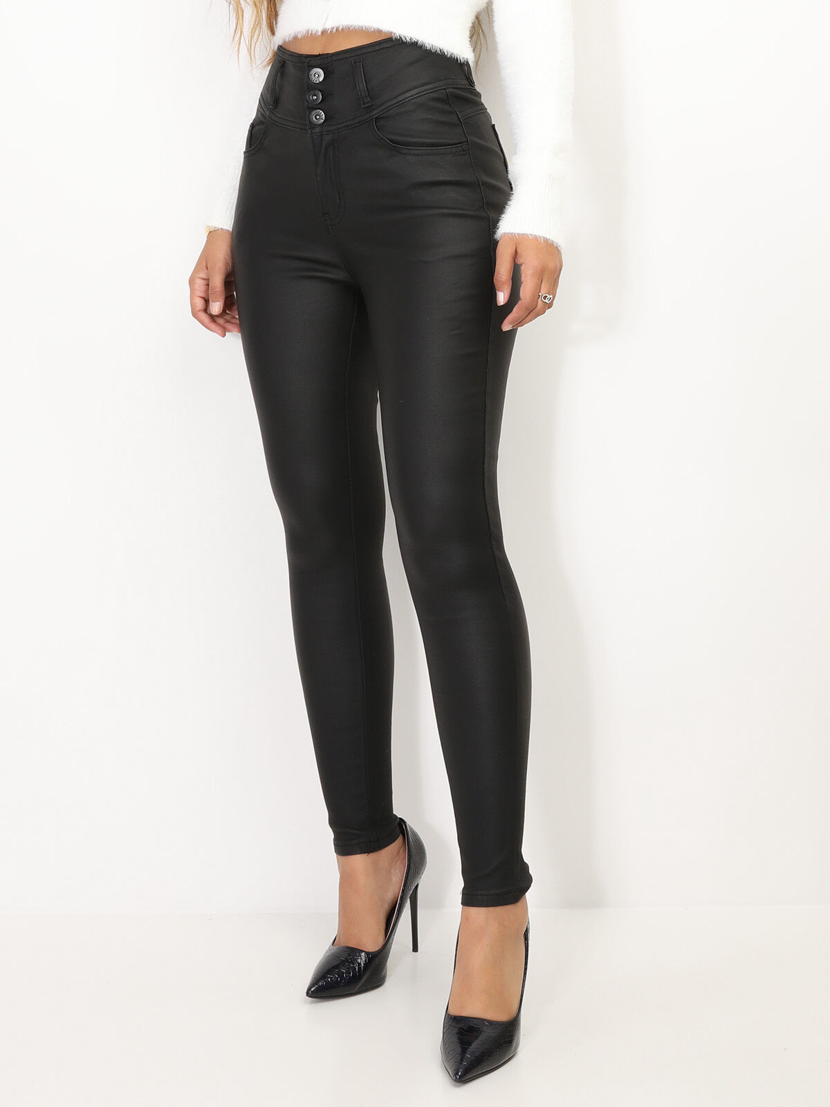 Pantalon noir outlet enduit taille haute